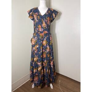 Sea New York Blue Floral Flutter Sleeve Smocked Maxi Dress Sz 8